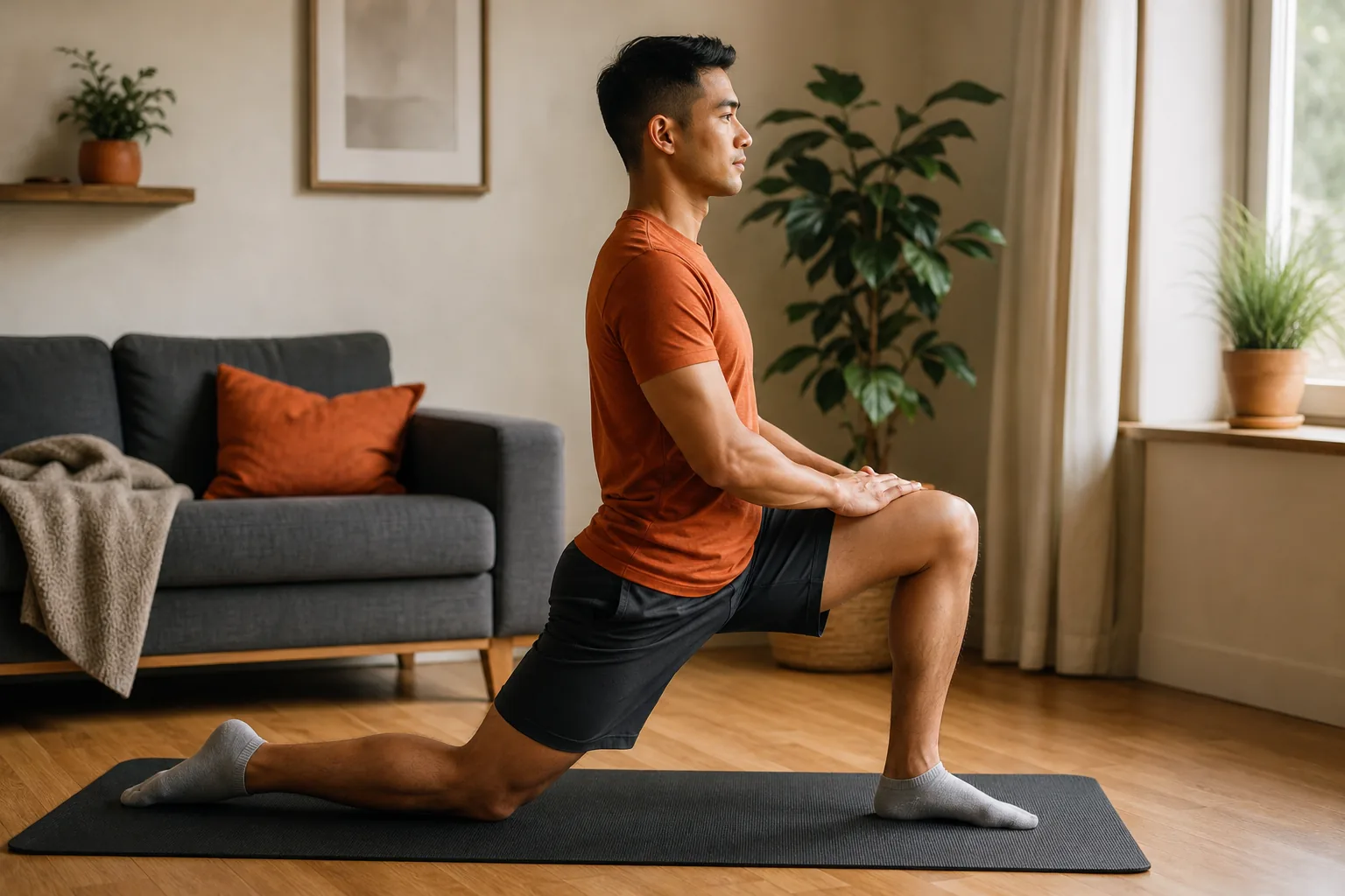 Half-kneeling hip flexor stretch with upright posture and gentle pelvic tuck.