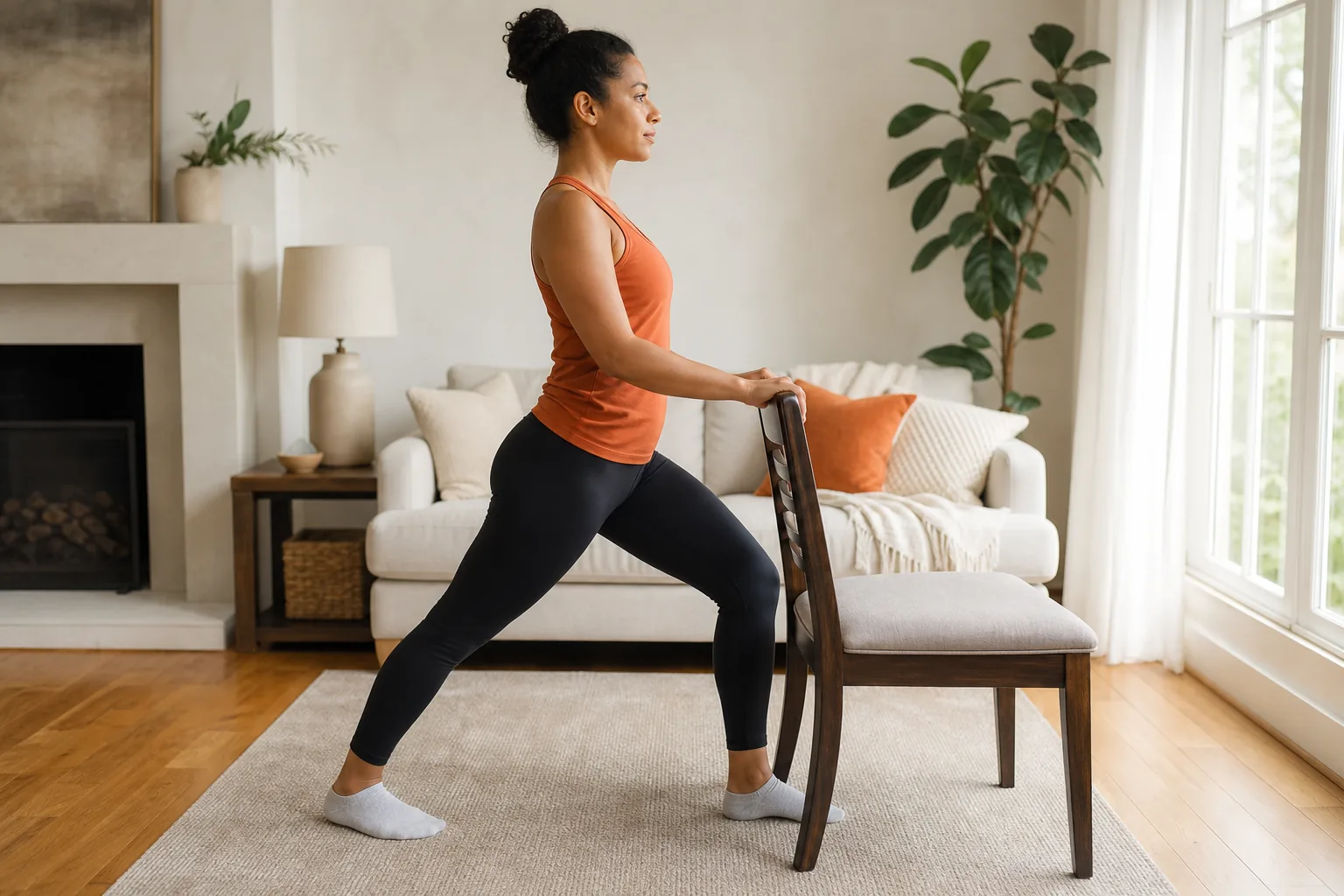 Supported standing hip flexor stretch with a small step and steady posture.
