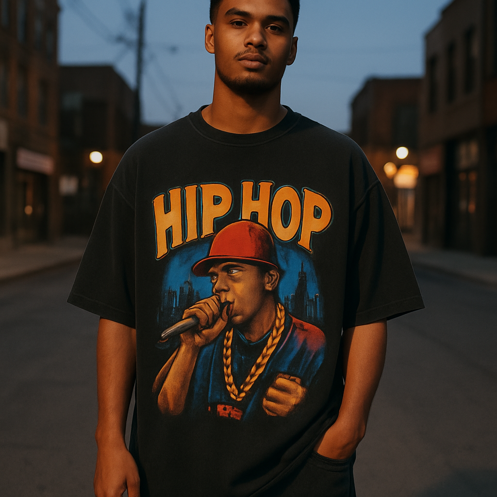 A confident young man wearing an oversized hip hop graphic tee, standing on an urban street at dusk. Alt: hip hop t shirts men street style oversized graphic tee