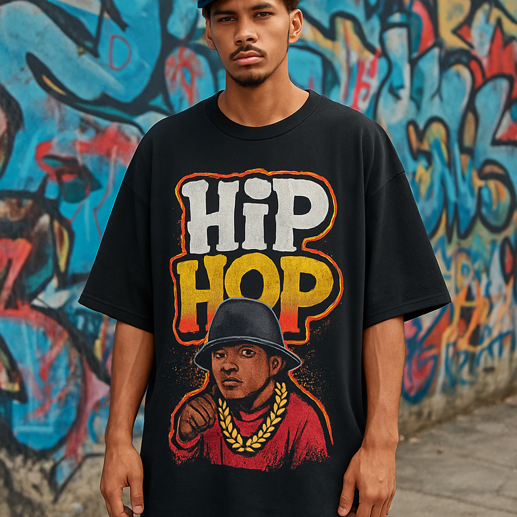 A street‑style male model wearing an oversized deep‑drop hip hop graphic tee, standing in front of a graffiti wall. Alt: hip hop t shirts men oversized deep drop streetwear.