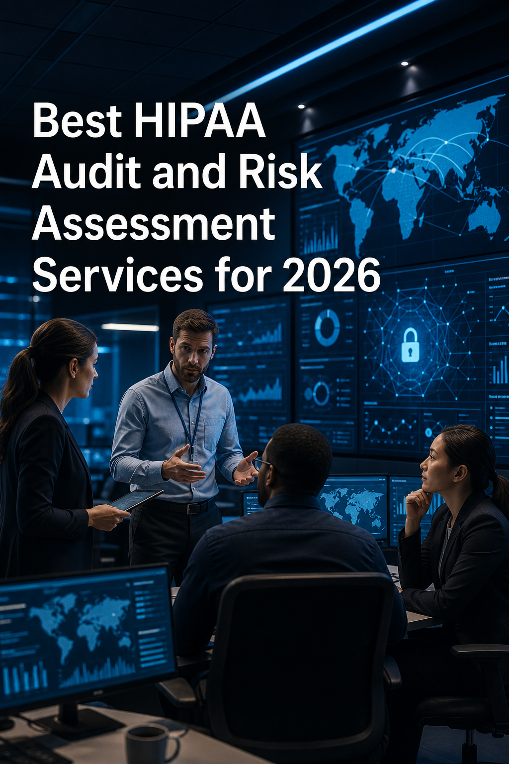 A modern cybersecurity operations center with large monitors showing network traffic and threat detection dashboards, a team of professionals in discussion in the foreground. Alt: Advatek cybersecurity operations team monitoring HIPAA compliance threats.
