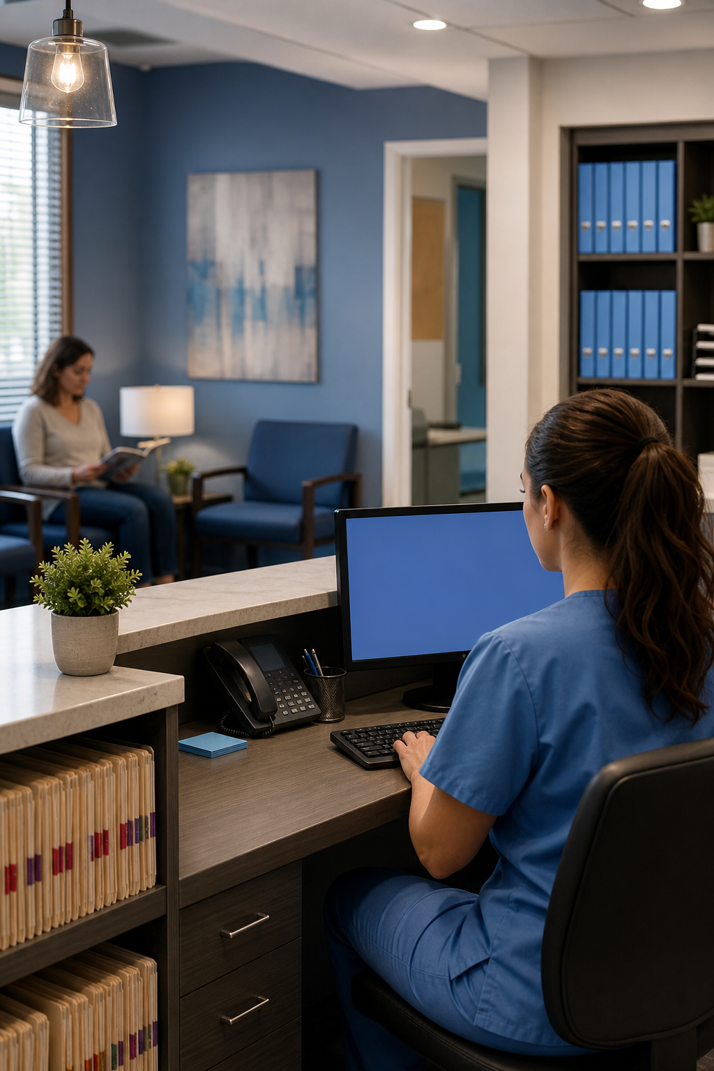 A small medical office waiting area with a receptionist at a desk, a computer screen visible, and patient files in the background. Alt: Small medical practice with HIPAA compliance needs.