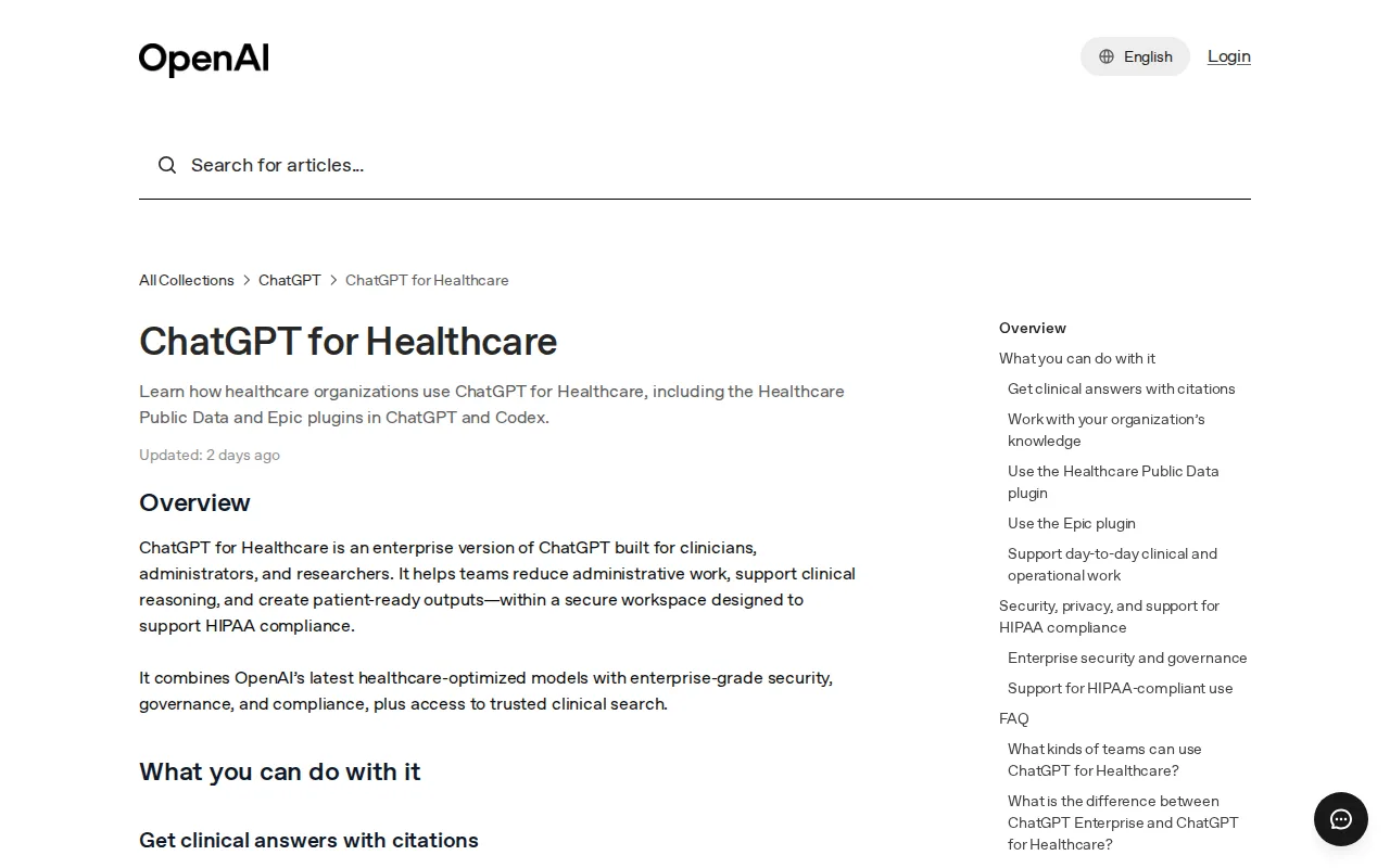 Screenshot of the ChatGPT for Healthcare by OpenAI website