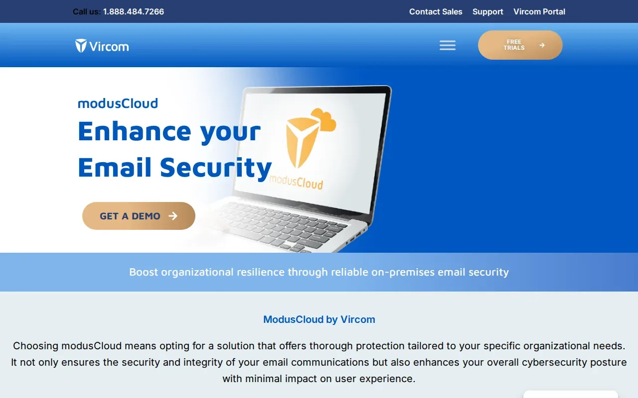 Screenshot of the modusCloud by Vircom website