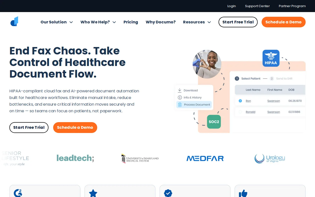 Screenshot of the Documo: Mobile-first faxing for distributed care teams website