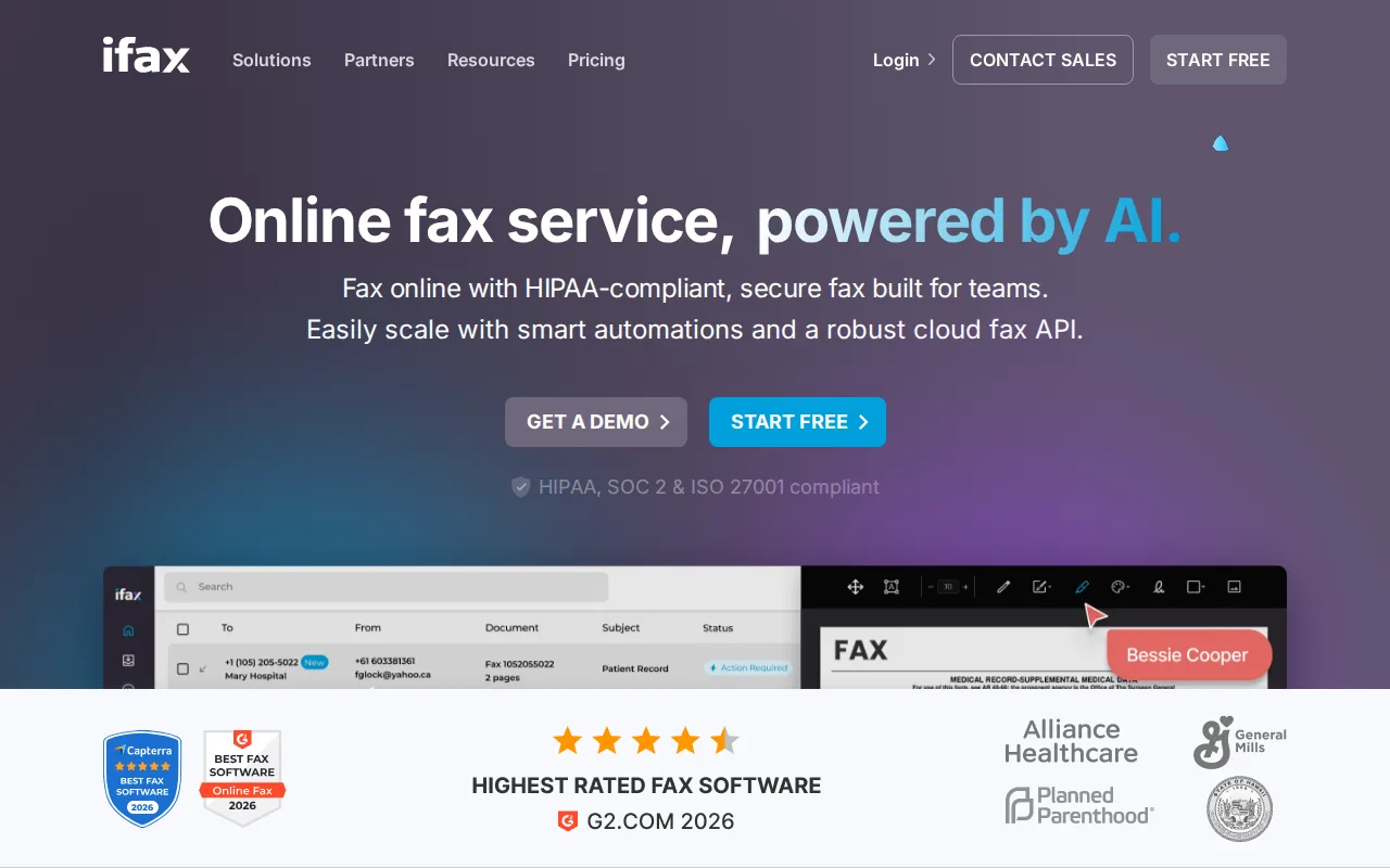 Screenshot of the iFax: Straightforward cloud fax with broad security certifications website