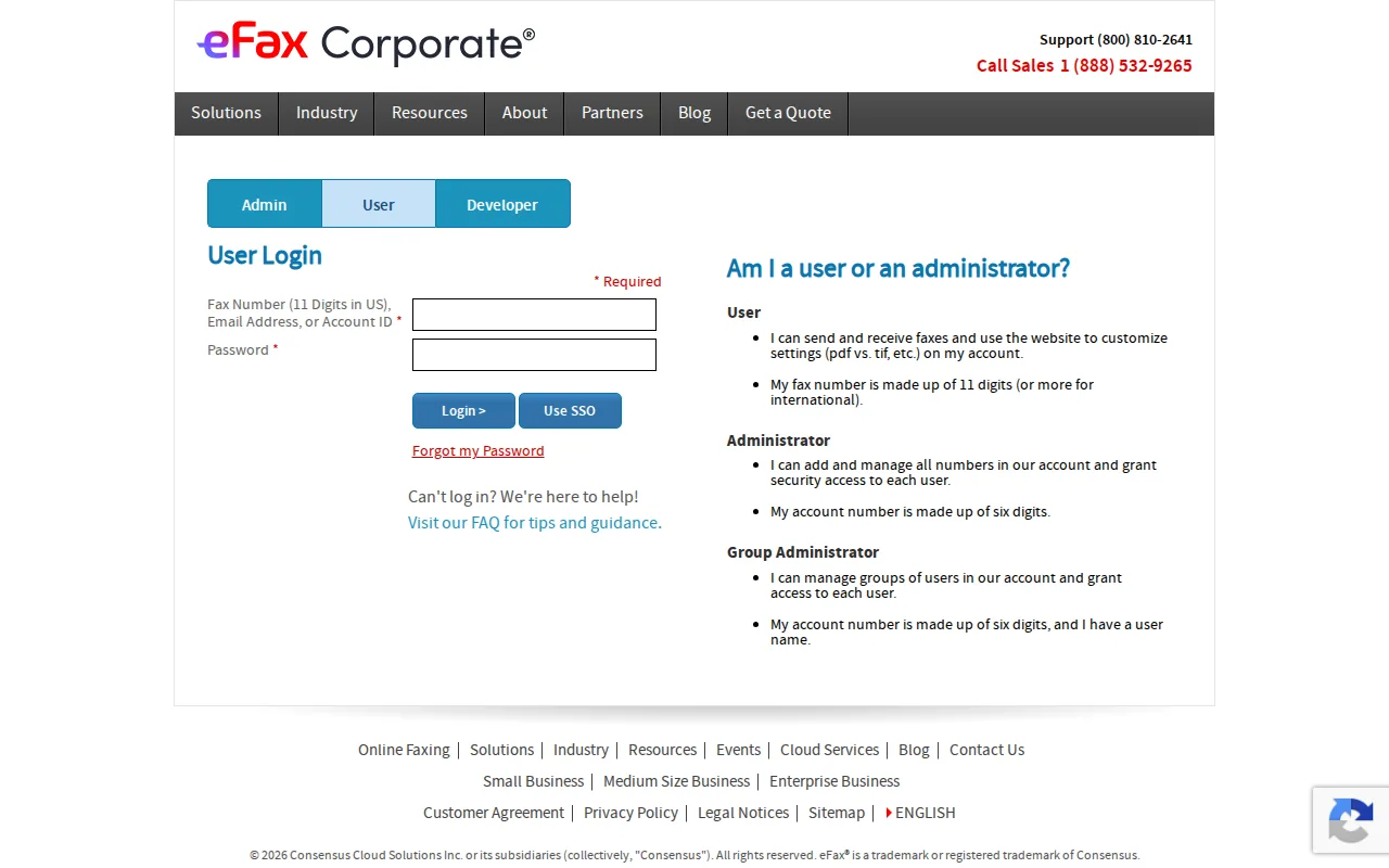 Screenshot of the eFax Corporate: Enterprise faxing for standardized organizations website