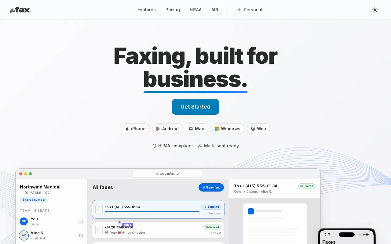 Screenshot of the mFax: Simple cloud faxing for solo practitioners website
