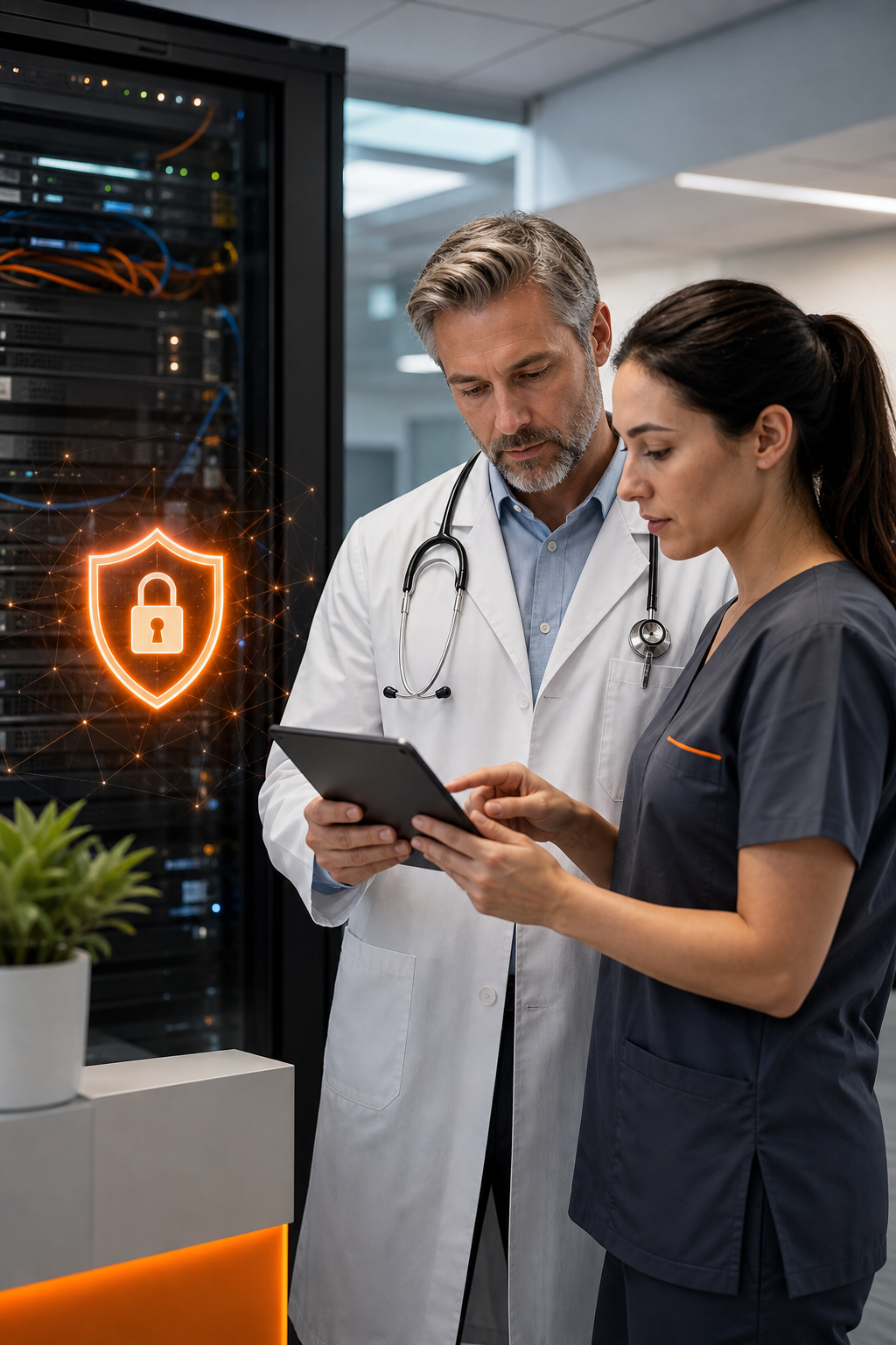 A photorealistic image of a modern medical office with a secure server rack in the background, a doctor and nurse reviewing patient data on a tablet, with a glowing shield icon indicating protection. Alt: HIPAA compliant IT services for medical practice - Advatek secure server and staff.