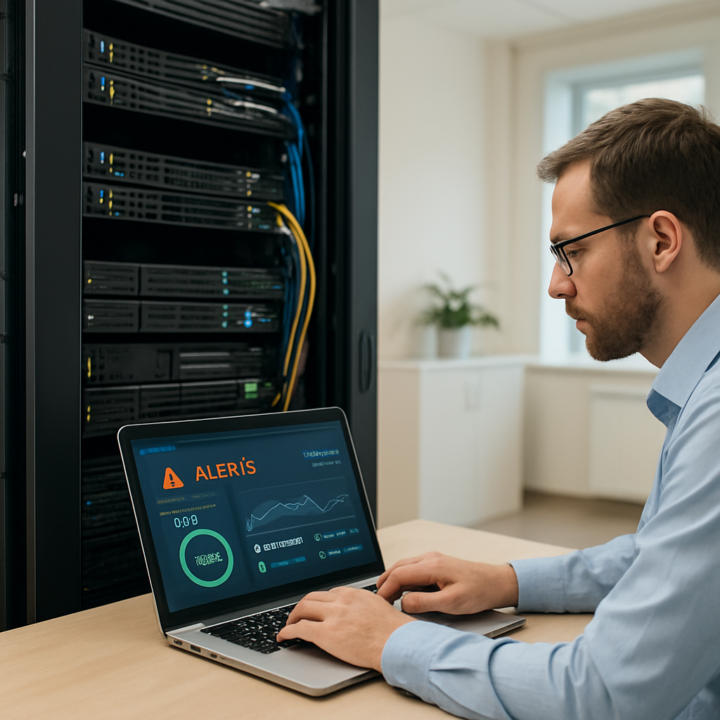 A realistic scene of a small clinic’s IT admin reviewing a server rack in a brightly lit office, with a laptop displaying a security dashboard, showing alerts and compliance metrics. Alt: IT admin monitoring HIPAA compliance in a clinic.