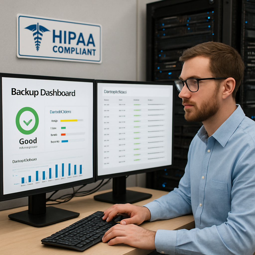A realistic photo of a small clinic IT administrator in front of a dual-screen monitor displaying a backup dashboard, with a server rack visible in the background. Alt: HIPAA compliant IT services with backup monitoring