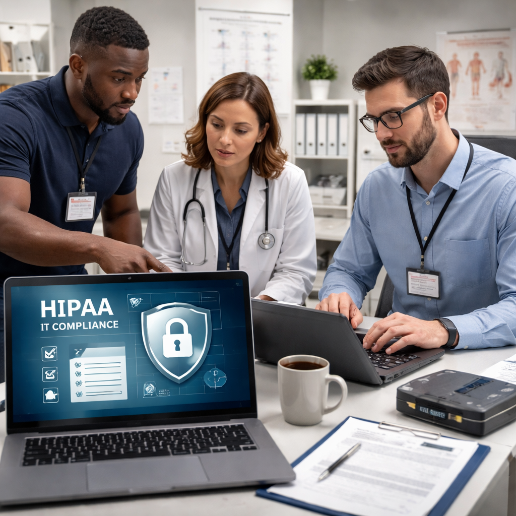 Healthcare professionals discussing HIPAA IT compliance strategies, with a laptop displaying "HIPAA IT COMPLIANCE" and a security shield icon, emphasizing secure patient data management.