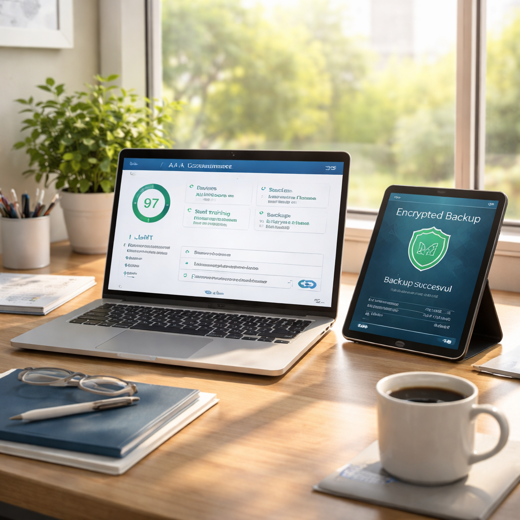 Laptop and tablet on a desk displaying IT compliance dashboard and encrypted backup status, symbolizing secure healthcare operations and HIPAA IT compliance services for small and mid-sized practices.