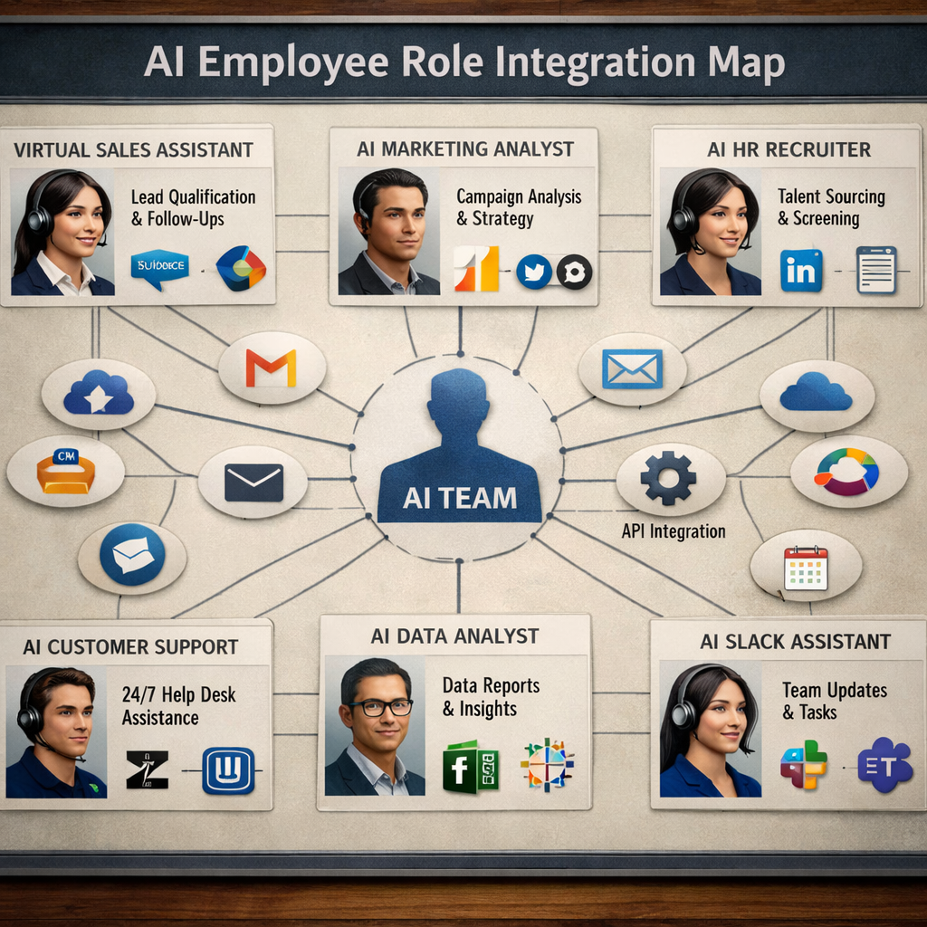 A realistic illustration of a digital workforce board showing various AI employee roles linked to icons of tools like CRM, email, and Slack. Alt: AI employee role definition and integration map