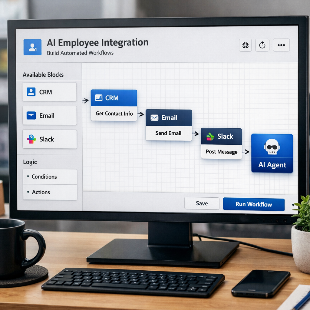 A photorealistic dashboard view showing drag‑and‑drop blocks linking a CRM, email, and Slack to an AI agent. Alt: No‑code integration flow for AI employees
