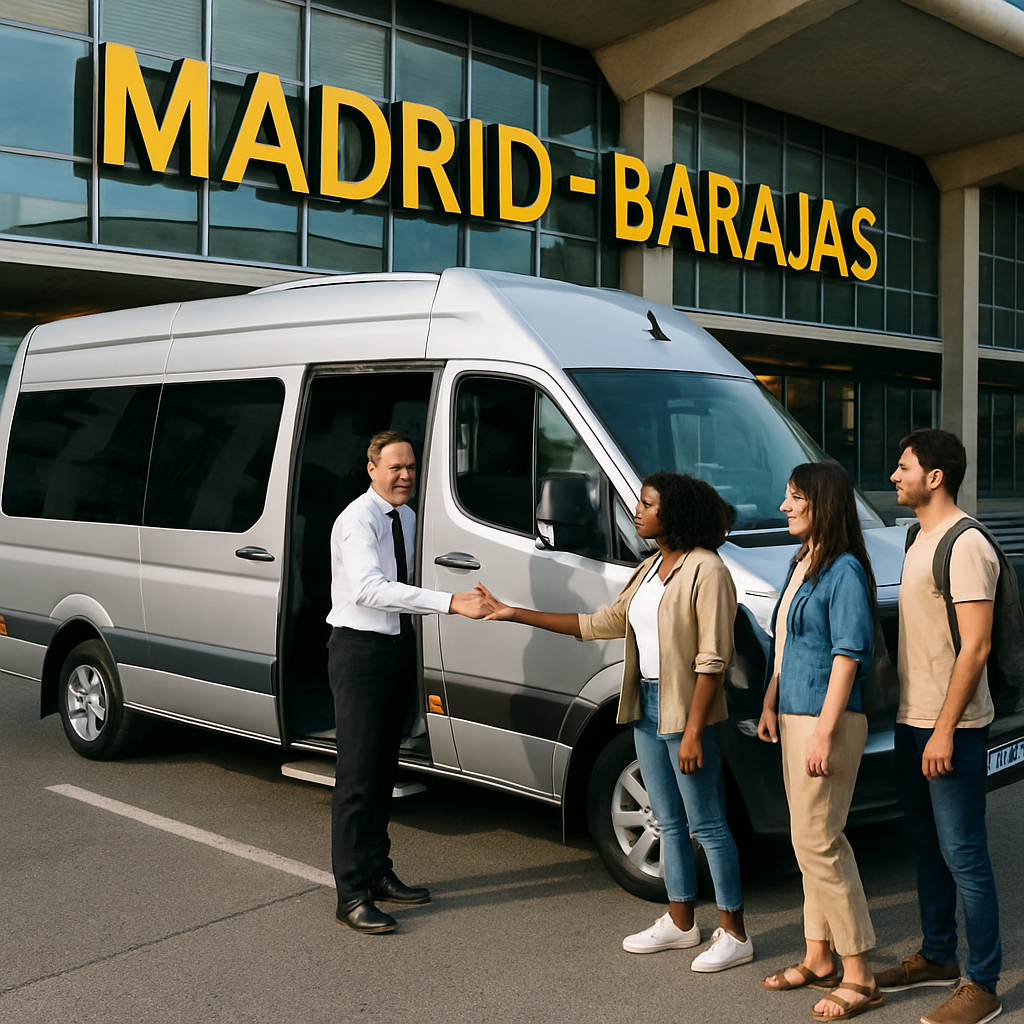 A sleek, modern minibus parked in front of Madrid‑Barajas Airport, doors open, an English‑speaking driver greeting a diverse group of travelers. Alt: English speaking driver minibus madrid group transfer.