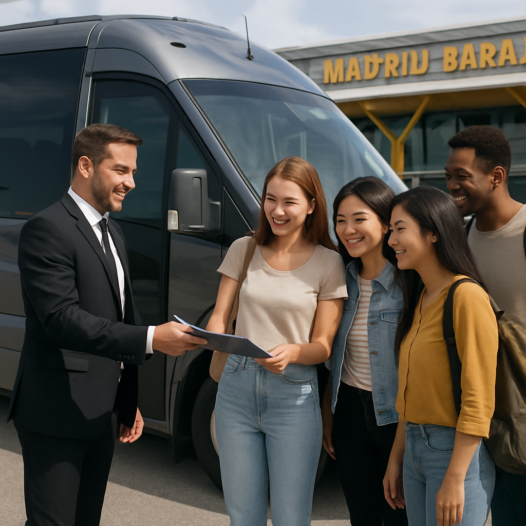 A sleek minibus parked at Madrid Barajas Airport with an English‑speaking driver handing a clipboard to a smiling group of international travelers. Alt: english speaking driver minibus madrid service comparison.