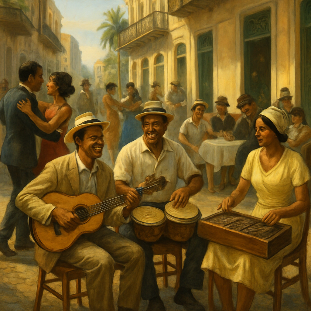 A lively 1920s Havana street scene with musicians playing tres, bongó, and marímbula, surrounded by café patrons dancing. Alt: Orígenes del son cubano en una calle de La Habana de los años 20.