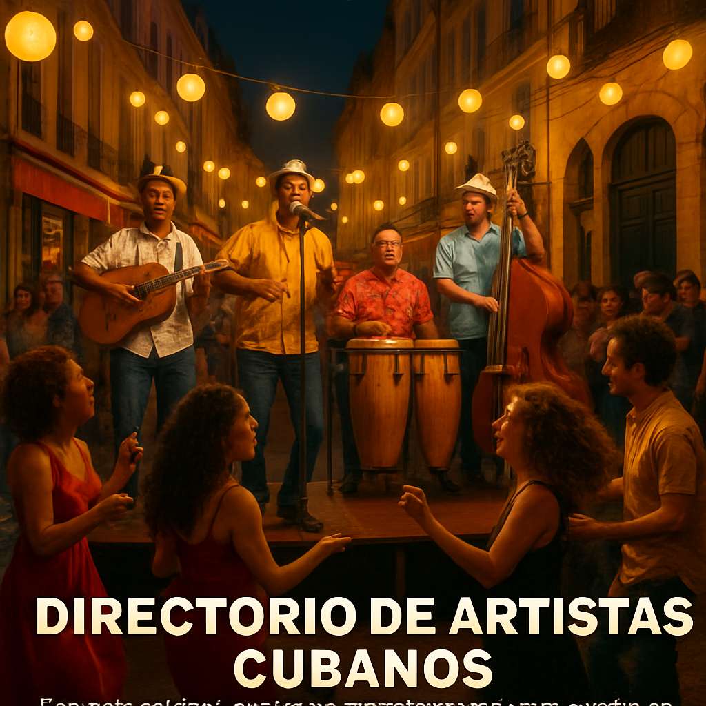 A vibrant street scene in a European city at night, with a Cuban son band playing on a small stage, audience dancing, lanterns casting warm light. Alt: Son cubano influenciando la vida nocturna europea, música cubana en Europa.