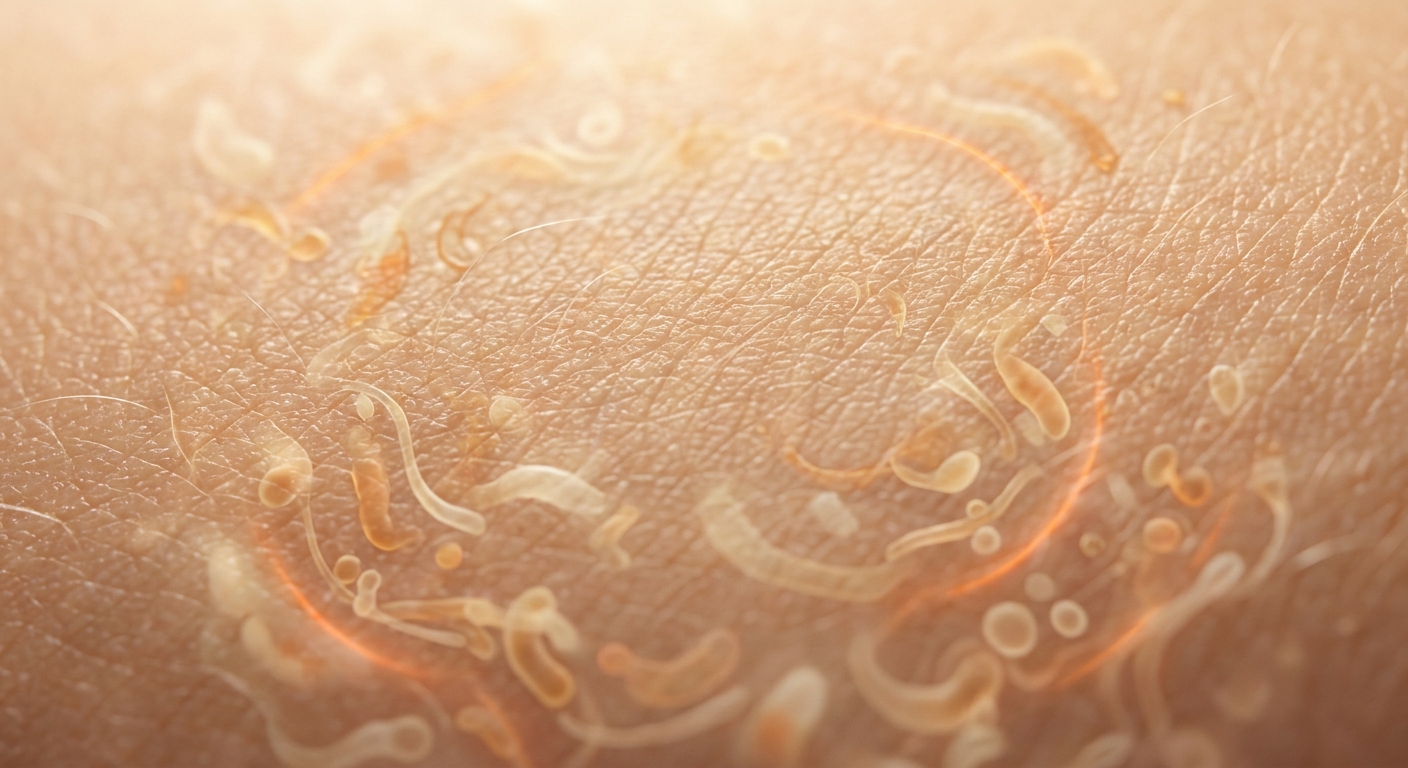 A photorealistic macro illustration of healthy human skin surface texture with a soft glow, depicting balanced microbial life as gentle natural patterns, warm tones. Alt: nurturing the skin microbiome as part of a full approach to skincare
