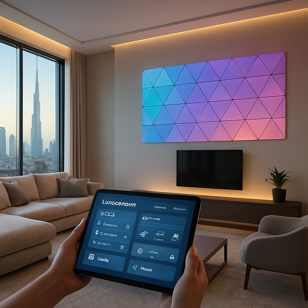 A modern Dubai villa living room with smart lighting panels and a tablet displaying home automation controls. Alt: home automation dubai living room control visualization.