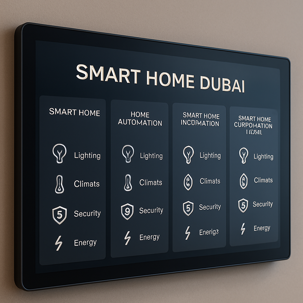 A sleek Dubai villa control panel displaying multiple home automation platform dashboards side by side, showing icons for lighting, climate, security, and energy. Alt: Home automation platforms comparison for Dubai luxury villa