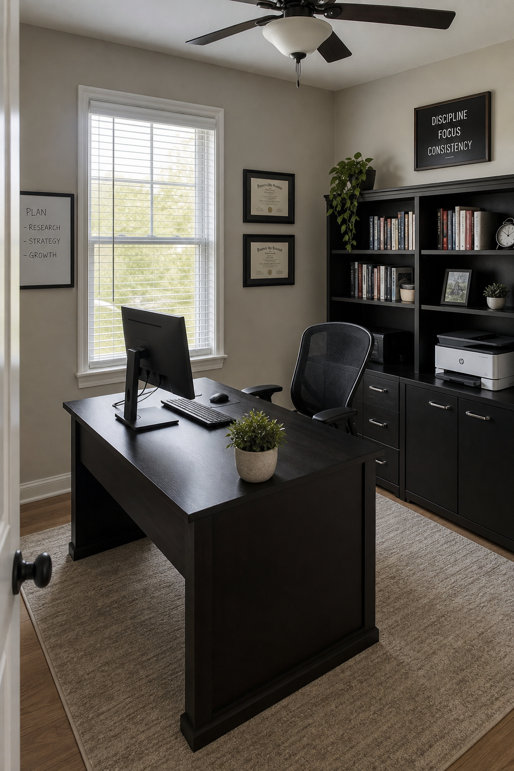 A realistic photograph of a home office with a desk, computer, and a window, showing a dedicated workspace used exclusively for business. Alt: Dedicated home office space for claiming the home business tax deduction.