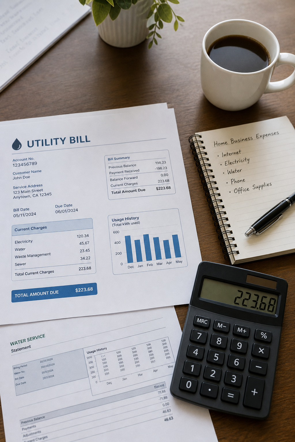 A realistic photo of a utility bill and a calculator on a desk, with a cup of coffee and a notebook, symbolizing tracking home business expenses. Alt: Tracking utility bills for home business tax deductions.