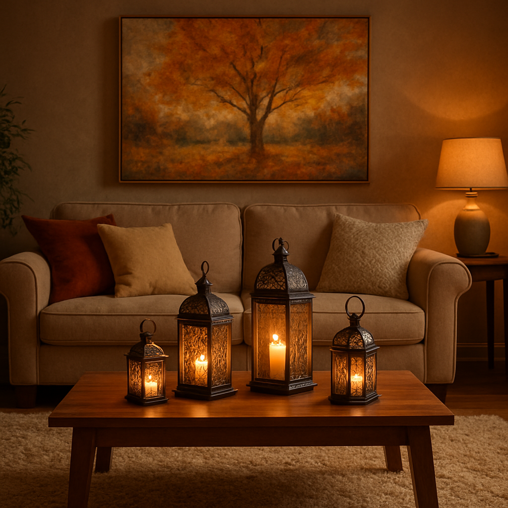 A warm living room interior with a hand‑painted canvas, a plush rug, and a set of decorative lanterns on a coffee table. Alt: Hand‑painted canvas and lanterns enhancing a cosy living room.