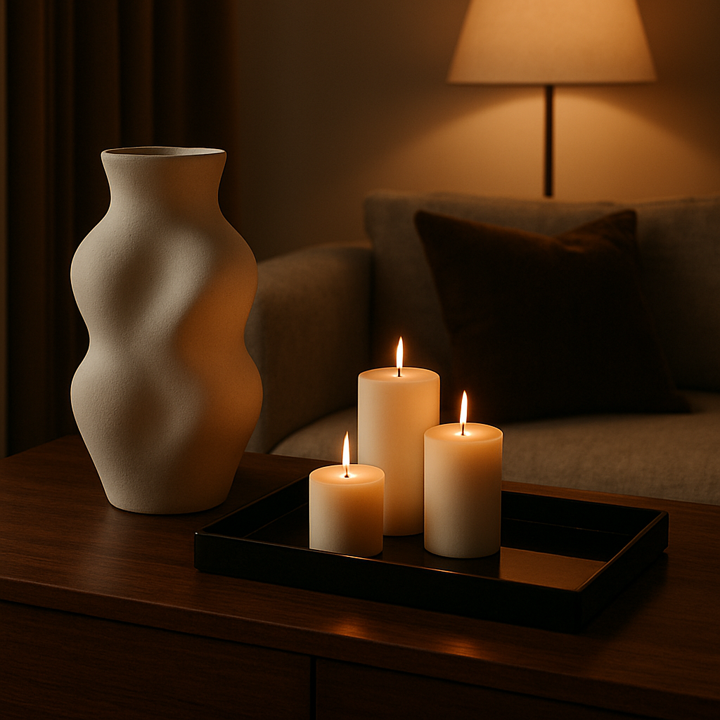 A cozy living room with a sculptural vase, a layered candle arrangement, and a polished lacquer tray on a wooden sideboard. Alt: Luxurious home decor featuring a vase, candles, and a lacquer tray