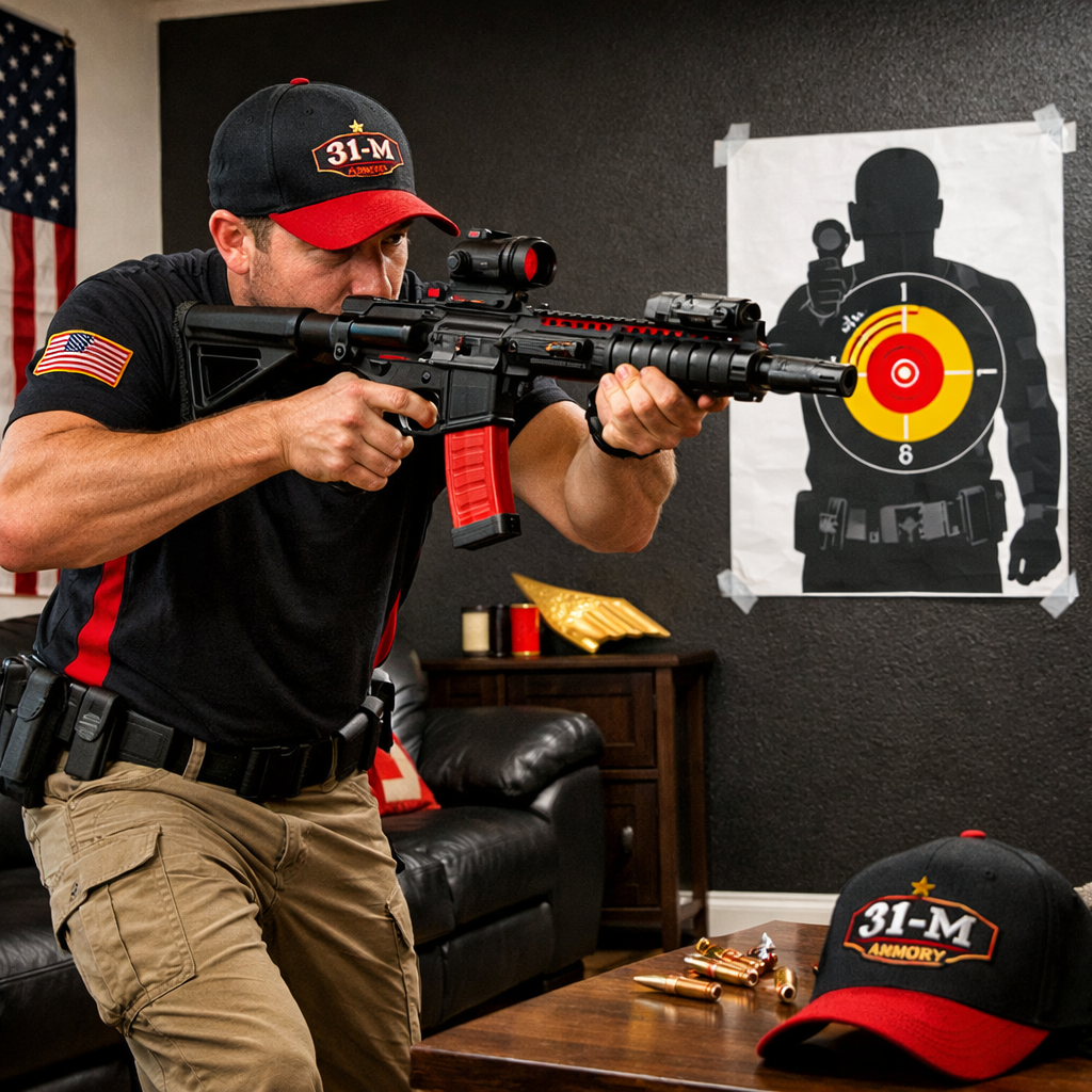 A realistic scene of a homeowner practicing AR‑15 drills in a living room with a target sheet on the wall, showing movement and proper stance. Alt: Home defense AR‑15 routine practice