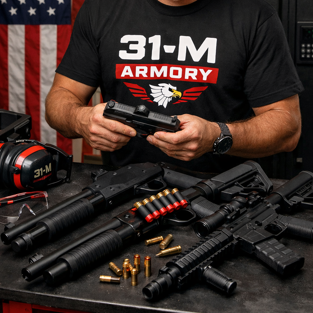 A realistic scene of a homeowner examining a handgun, shotgun and rifle on a table, with safety gear nearby. Alt: home defense gun options laid out for comparison.