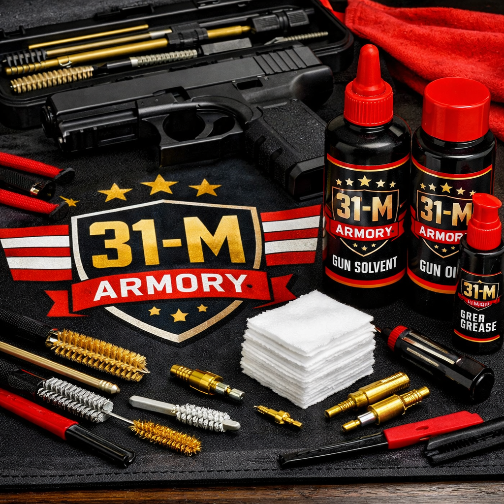 A realistic close‑up of a firearm cleaning station with brushes, patches and solvent bottles. Alt: gun cleaning tools laid out for home defense gun maintenance.