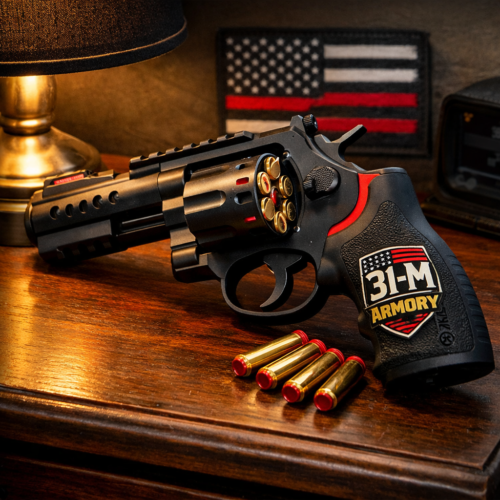A realistic scene of a tactical revolver on a wooden nightstand, with a dim lamp and a loaded cylinder visible. Alt: home defense revolver ready for use