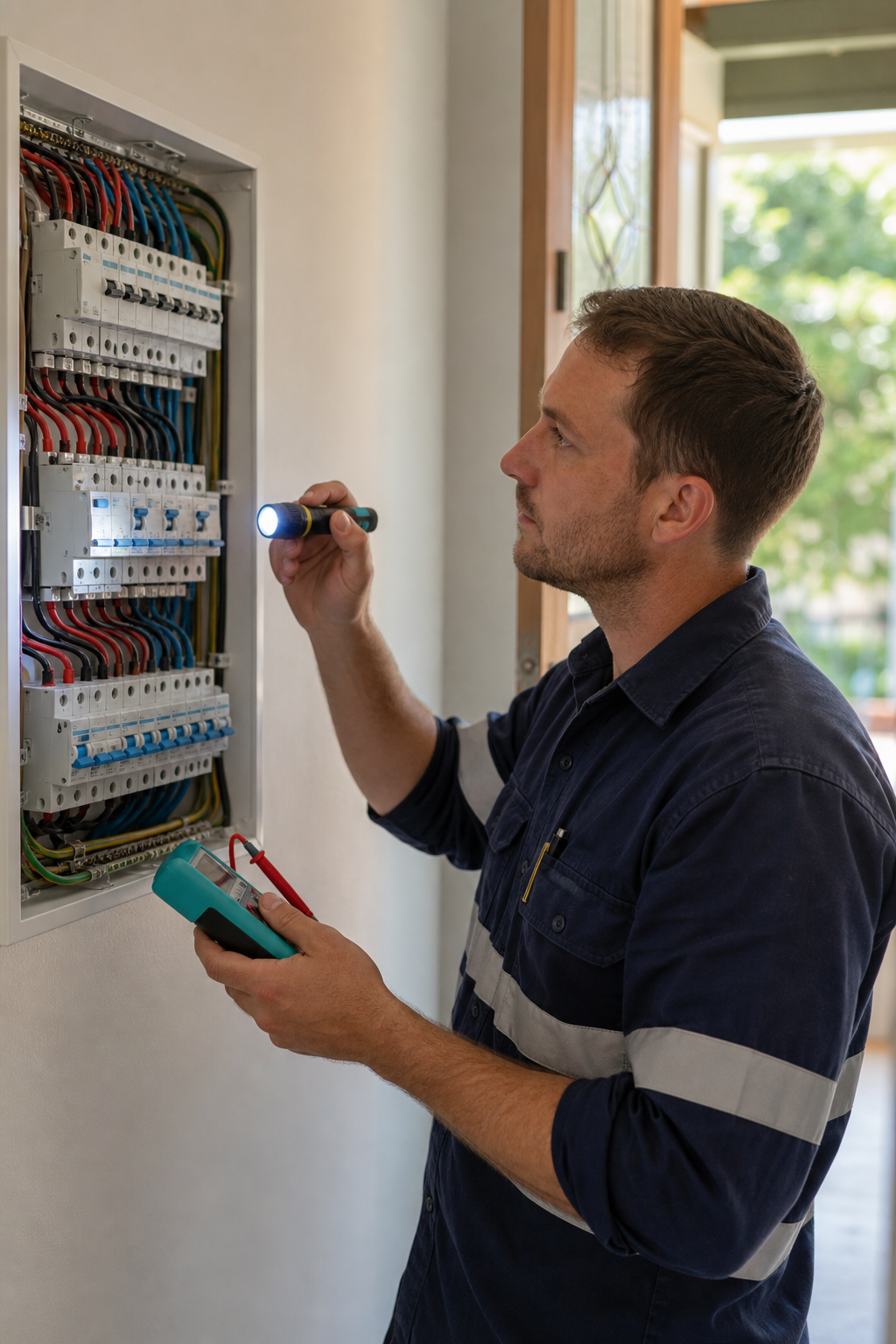 A licensed electrician in a Queensland home inspecting an open switchboard with a torch and test meter, with tidy wiring and RCD switches visible, photographed in natural daylight from a hallway. Alt: licensed electrician conducting a full residential electrical safety inspection on a Brisbane home switchboard.