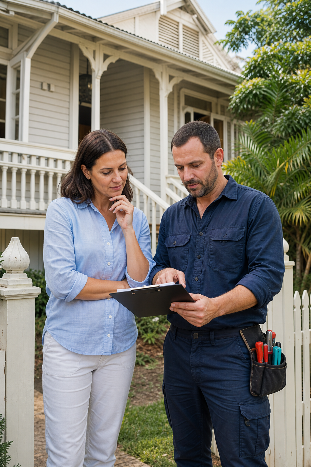 A property buyer and a licensed electrician standing outside a Brisbane Queenslander home reviewing a printed electrical inspection report on a clipboard, with a weatherboard exterior and leafy garden in the background. Alt: pre-purchase electrical inspection report being reviewed by buyer and electrician at a Brisbane property.