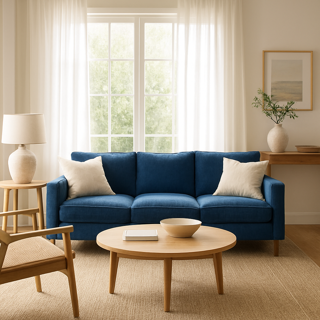 A bright, airy living room featuring a deep‑blue sofa, soft white curtains, and natural wood accents. Alt: Luxury Home Interiors sofa anchoring a coastal style living room.