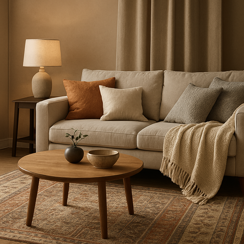 A cozy living room showcasing layered textiles—soft cushions, a patterned rug, draped throws, and a subtle curtain. Alt: Layered textiles for Home Interiors comfort and colour.