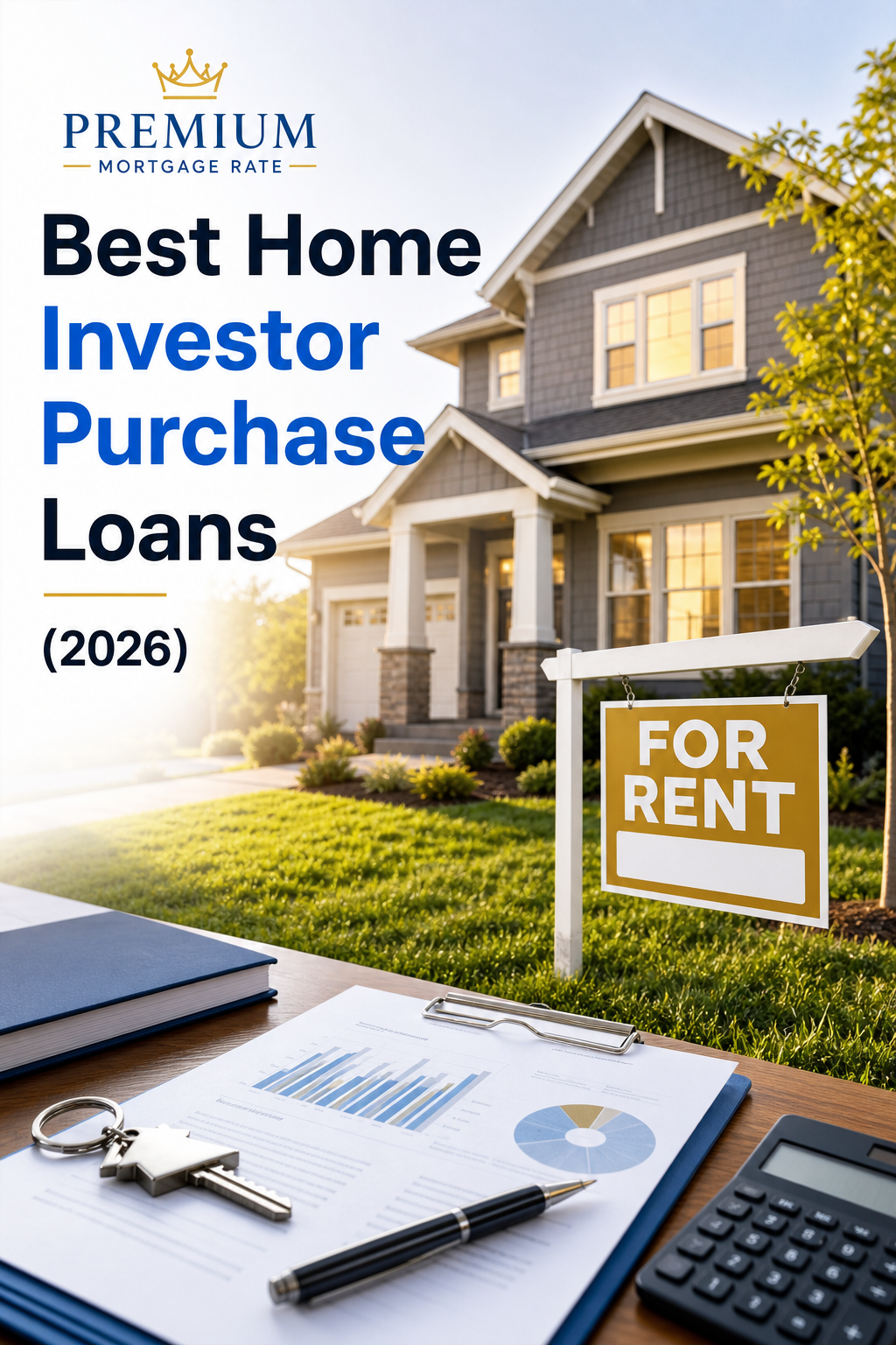 A clean, professional shot of a single-family rental home with a 'For Rent' sign in front, warm lighting, realistic style. Alt: DSCR loan rental property Virginia investor