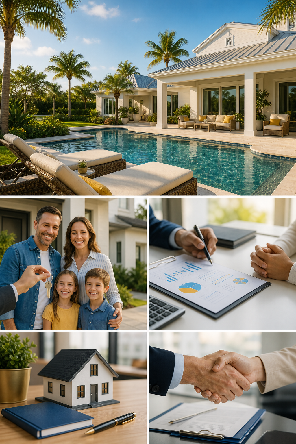A well-staged vacation rental property with outdoor furniture and a pool, bright daylight, realistic style. Alt: short term rental DSCR loan financing Florida