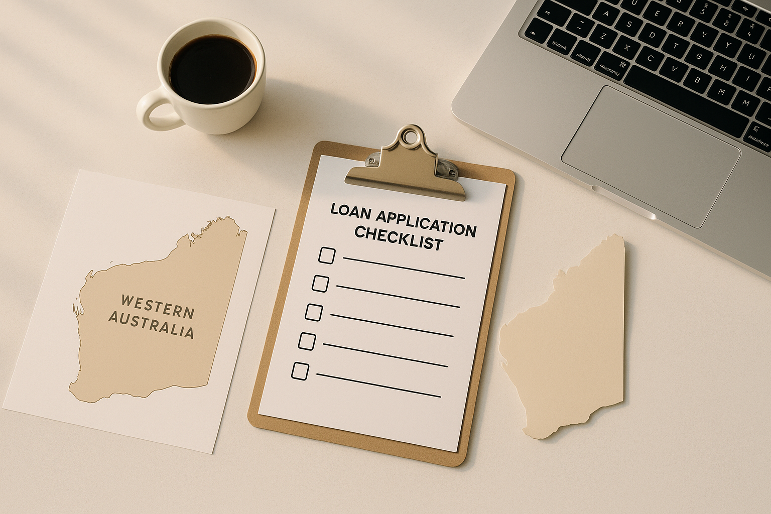 Minimalist flat-lay of a loan application checklist, laptop, WA map and a cup of coffee; soft daylight; professional style; alt text: “Perth home loan broker checklist on desk with WA map”.
