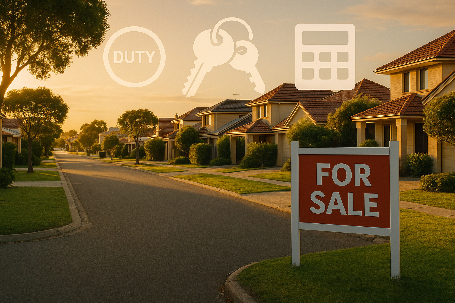 A Perth suburb streetscape at golden hour with For Sale signs; subtle overlay of icons for duty, keys, calculator; alt text: “Perth streetscape highlighting duty concessions and home buying.”