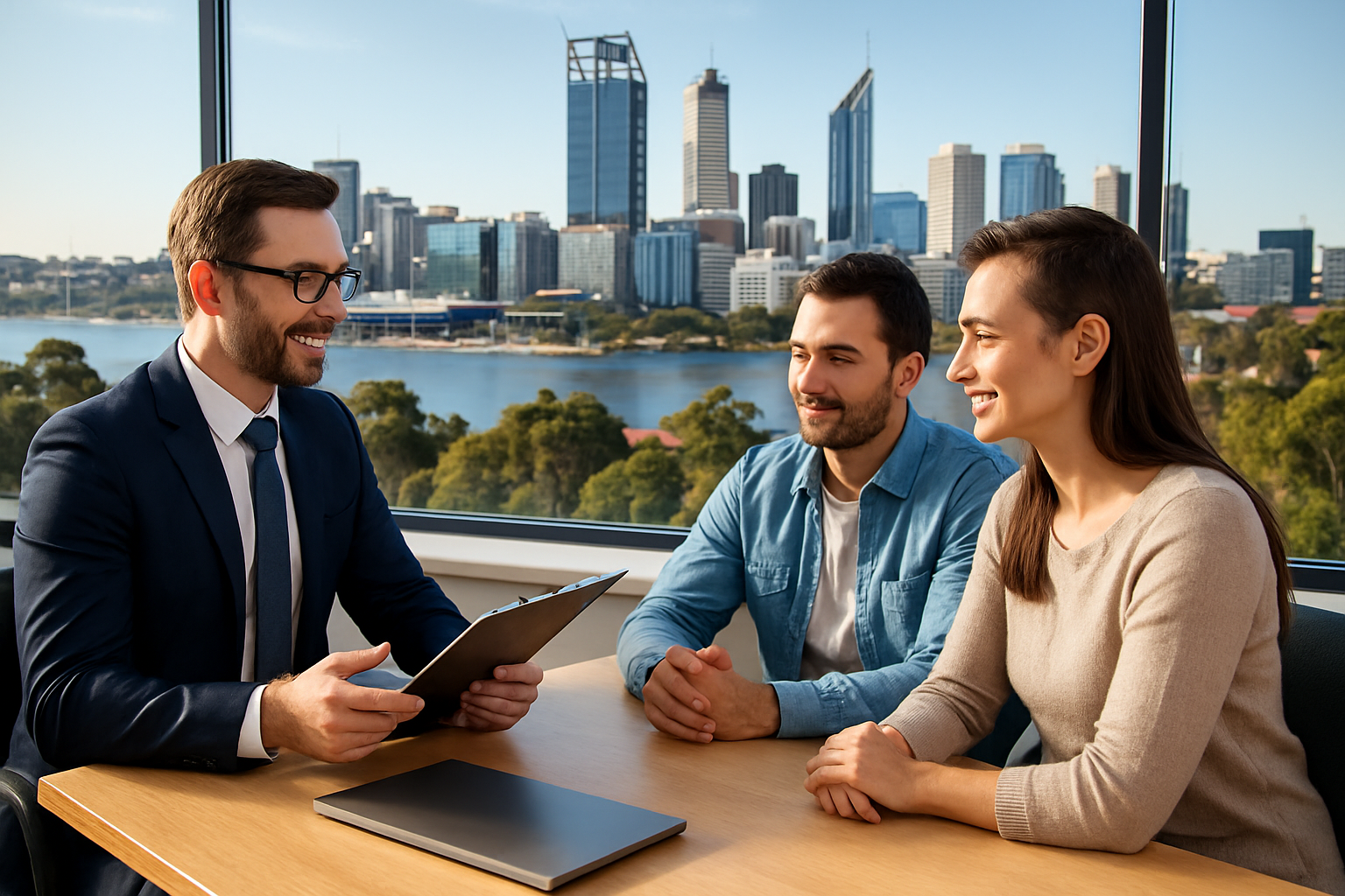 A professional mortgage broker in Perth consulting a couple, Perth skyline in background. Alt: Home loan broker Perth consultation with local clients.