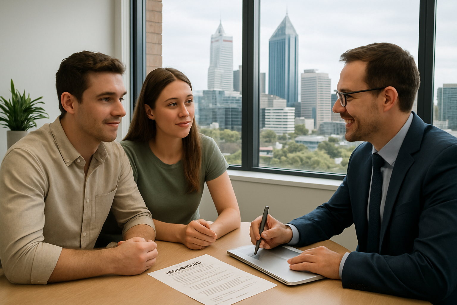 Young couple discussing first home loan options with a home loan broker in Perth office. Alt: First home buyer loans Perth with broker assistance.