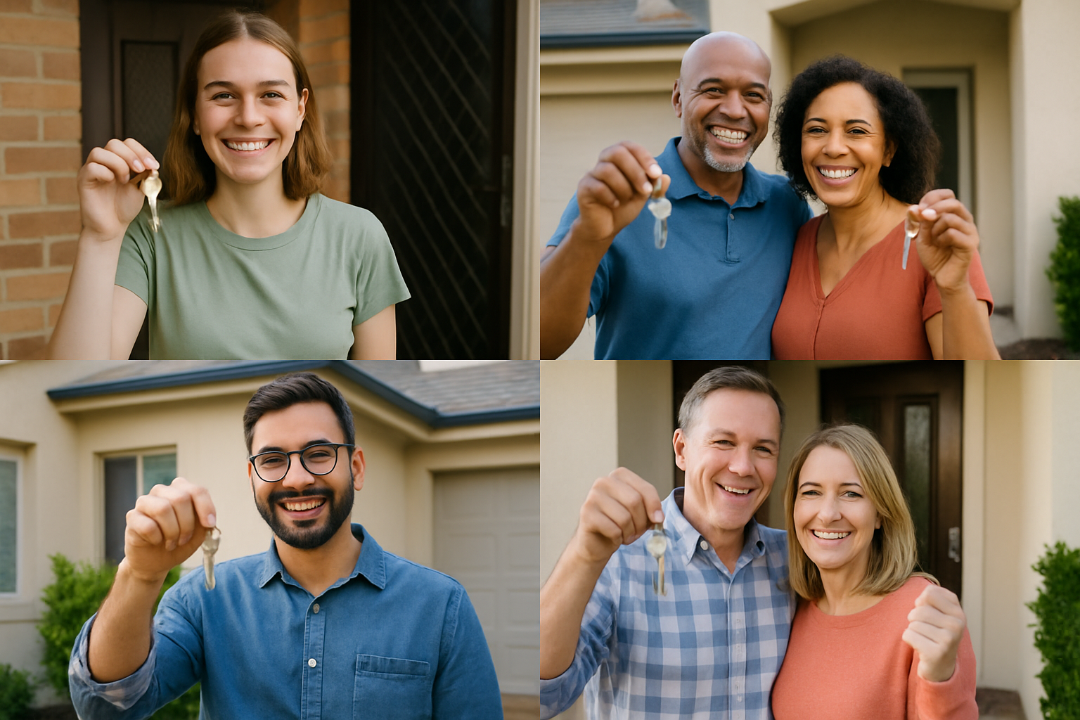 Montage of happy Perth homeowners holding keys, smiling after loan approval. Alt: Successful home loan broker Perth client outcomes.