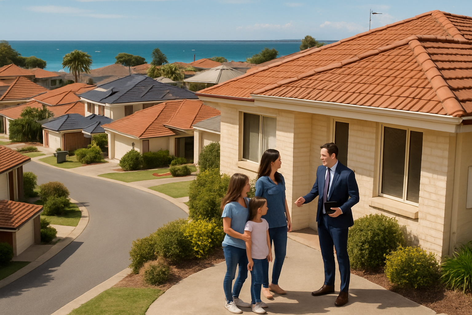 A Rockingham coastal neighbourhood with houses and a family exploring a home, symbolising local home loans. Alt: Home loan broker Rockingham assisting with local property finance.