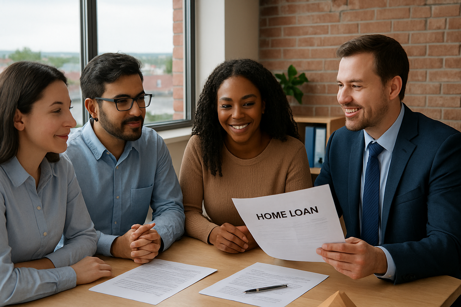 A diverse group of professionals reviewing home loan documents with a mortgage broker in a Rockingham office. Alt: Home loan broker Rockingham guiding clients through tailored loan options.