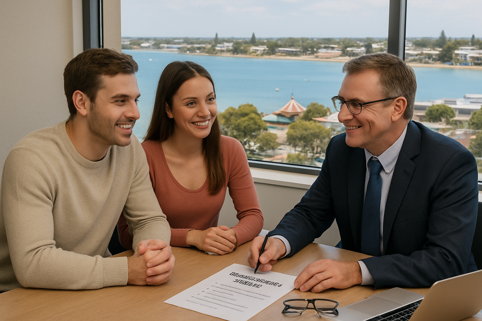 Young couple meeting a home loan broker in Rockingham, reviewing first home buyer grants and loan options. Alt: First home buyer loans Rockingham expert advice.