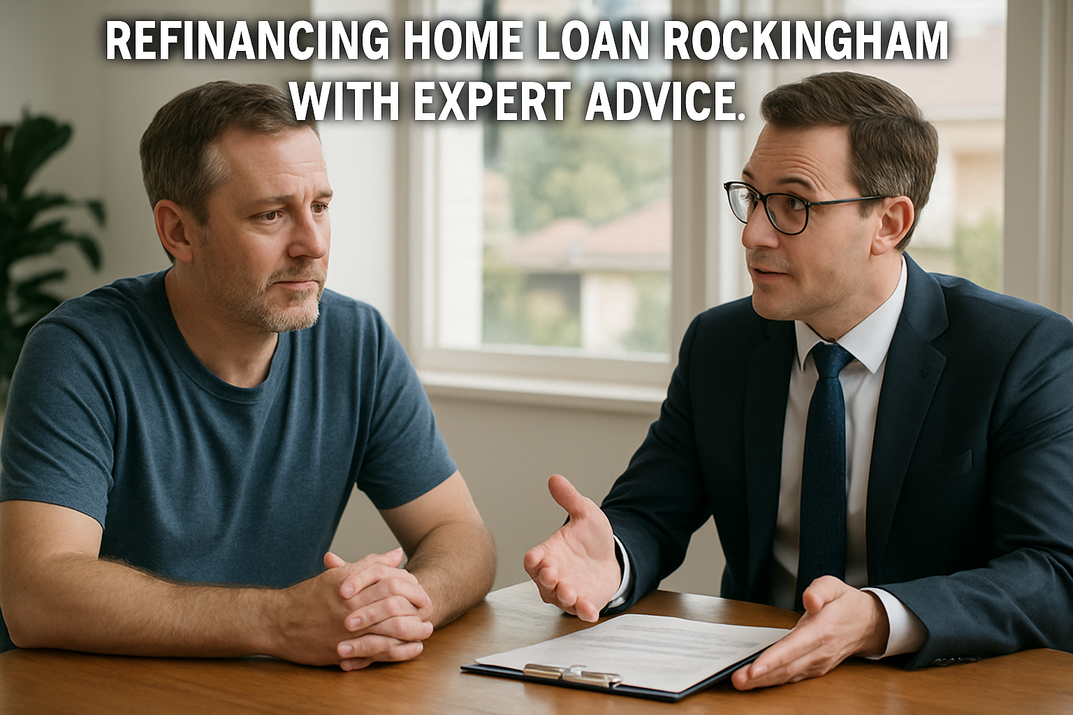 A Rockingham homeowner discussing refinancing options with a mortgage broker. Alt: Refinancing home loan Rockingham with expert advice.