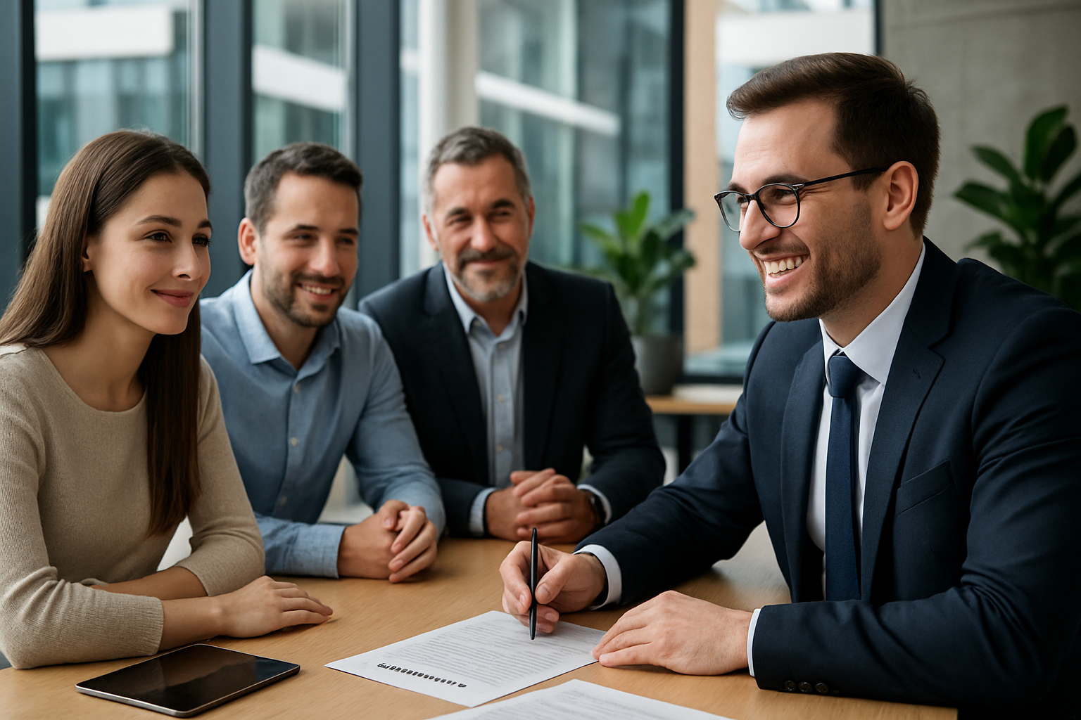 Mortgage broker Rockingham team discussing loan applications with clients in a modern office setting. Alt: Expert home loan broker Rockingham providing tailored service.